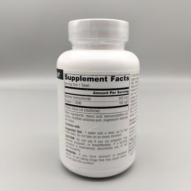 Betaína HCl 650 mg 90 Tabletas para Digestión de Proteínas — etiqueta con los ingredientes