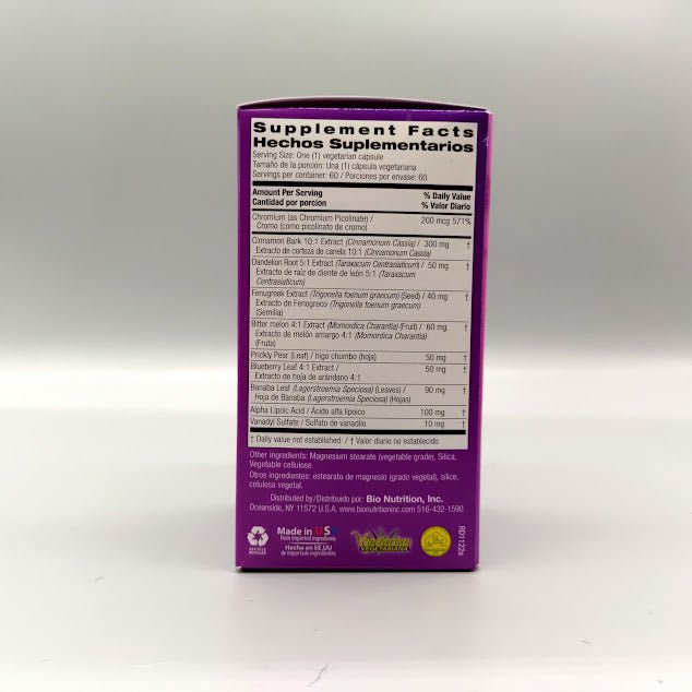 Bienestar del Azúcar en Sangre Bio Nutrition 60 cápsulas vegetarianas con cromo y canela — vista posterior del envase