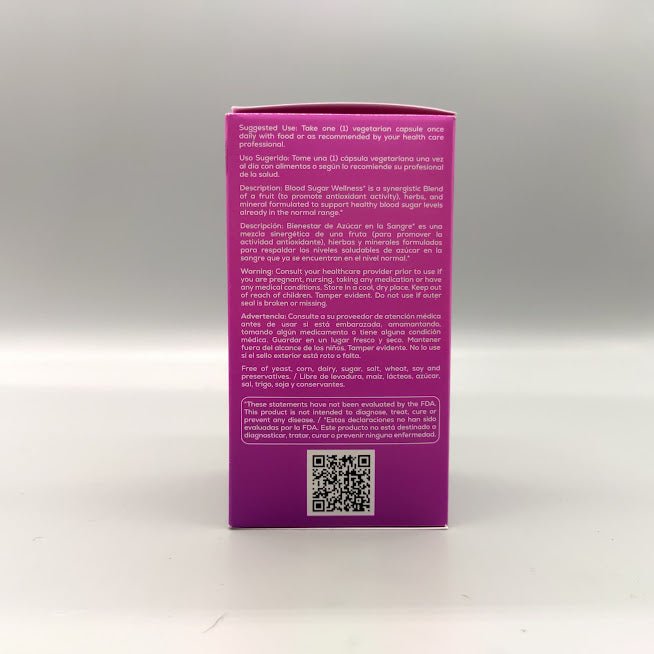 Bienestar del Azúcar en Sangre Bio Nutrition 60 cápsulas vegetarianas con cromo y canela — vista lateral