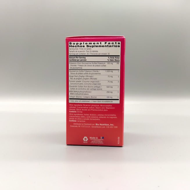 Bio Nutrition glucosamina condroitina MSM 90 tabletas — vista posterior del envase
