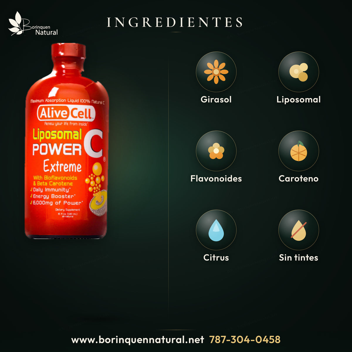 Power C vitamina C liposomal 16 oz — ingredientes: fosfatidilcolina de girasol, liposomal, bioflavonoides, beta caroteno, citrus, sin colorantes