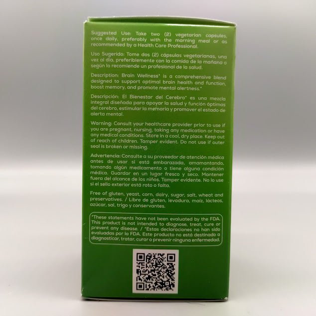 Brain Wellness de Bio Nutrition, frasco de 60 cápsulas vegetarianas para la memoria — vista lateral