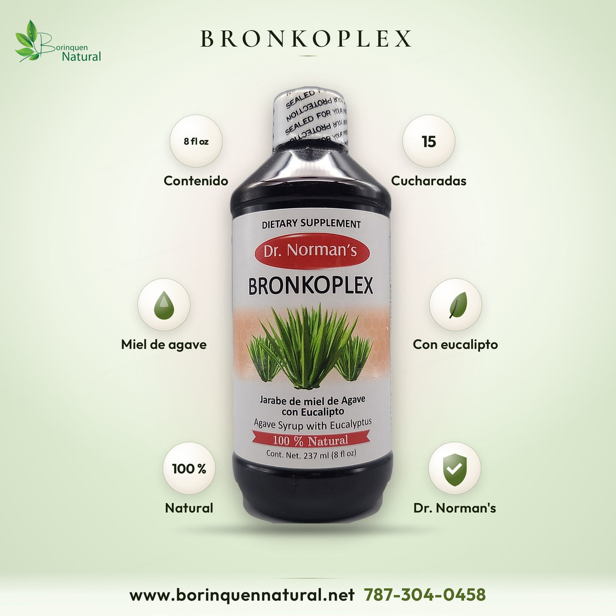 Bronkoplex de Dr. Norman's, jarabe de miel de agave con eucalipto, frasco de 8 oz (237 ml), 100 % natural
