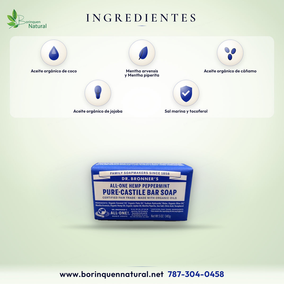Ingredientes del jabón Dr. Bronner's de menta: aceites orgánicos de coco, palma, oliva, cáñamo y jojoba, y menta