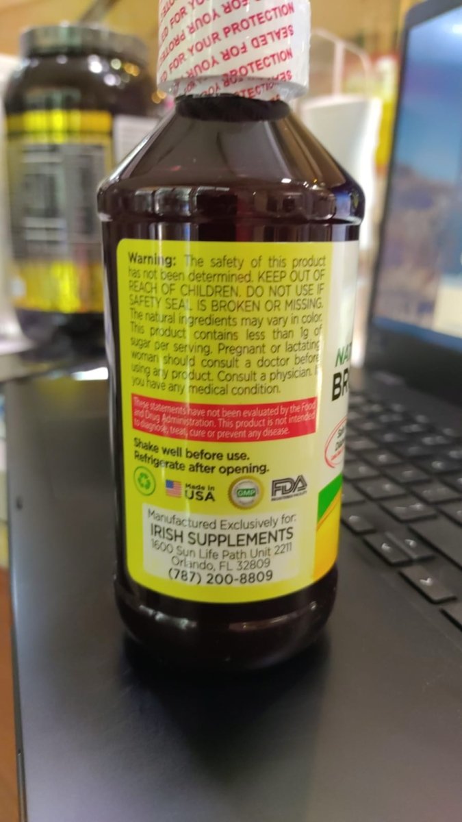 Bronqui Stop Jarabe 8 oz Irish: Miel, Mentol y Vitaminas A y D de Irish Supplements — etiqueta con los ingredientes