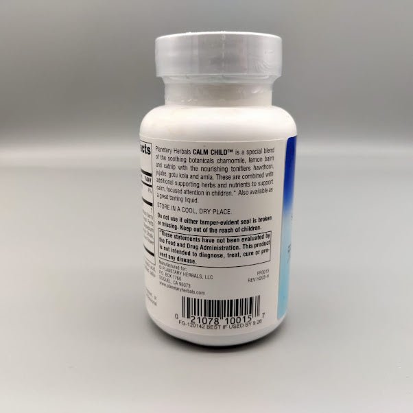 Calm Child Planetary Herbals 440 mg, frasco de 72 tabletas para niños — vista posterior del envase