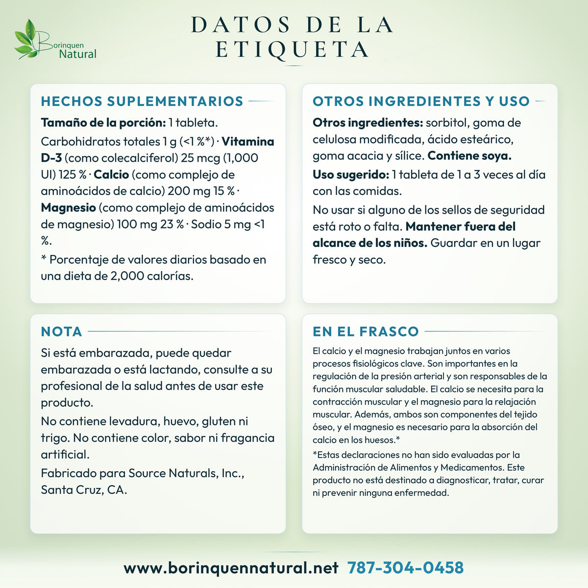 Datos de la etiqueta del Calcium & Magnesium de Source Naturals: hechos suplementarios, otros ingredientes, uso sugerido, nota y lo que dice el frasco