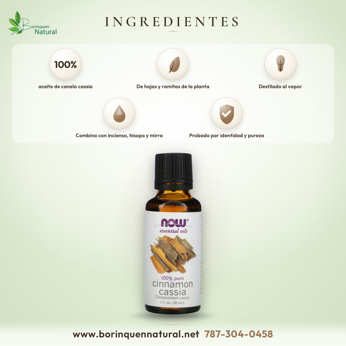 Ingrediente del aceite esencial de canela cassia NOW: 100 % aceite puro de canela cassia, destilado al vapor de hojas y ramitas