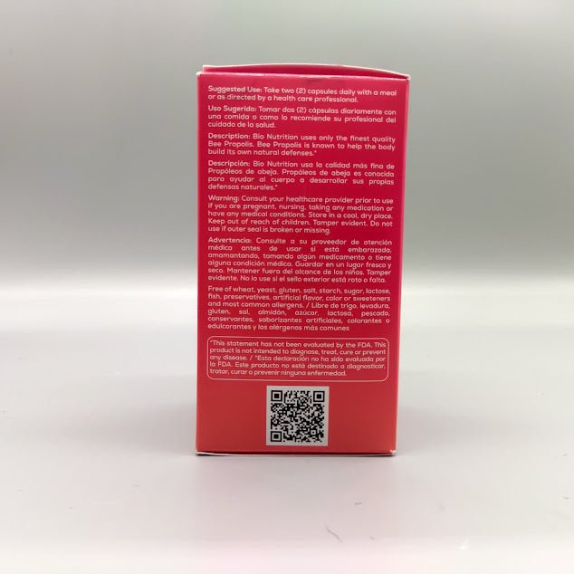 Cápsulas de Propóleo Bee Propolis 60 Caps de Bio Nutrition — vista lateral del envase