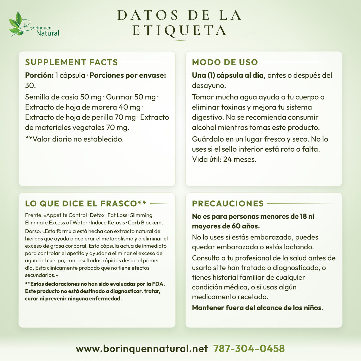 Datos de la etiqueta de Cardislim: Supplement Facts, modo de uso, lo que dice el frasco con su descargo FDA y precauciones
