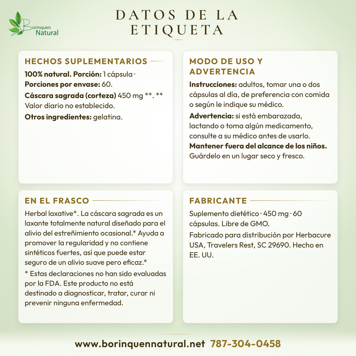 Datos de la etiqueta de Cascara Sagrada Herbacure: hechos suplementarios, modo de uso y advertencia