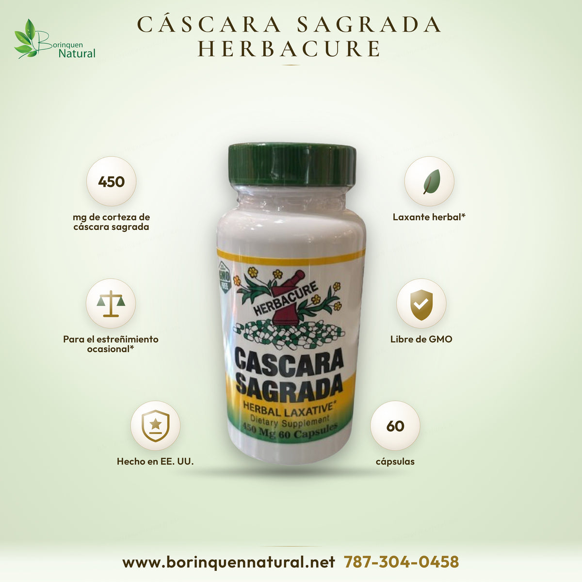 Cascara Sagrada de Herbacure, laxante herbal en 60 cápsulas de 450 mg de corteza
