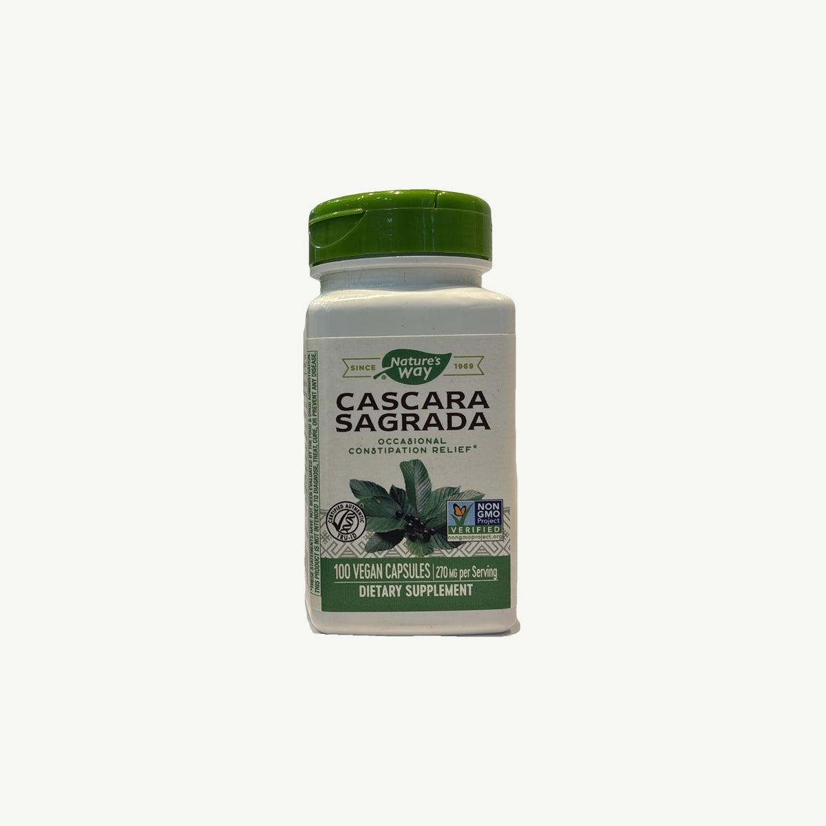 Frente completo de Cáscara Sagrada Nature's Way, 100 cápsulas veganas; foto real del envase.