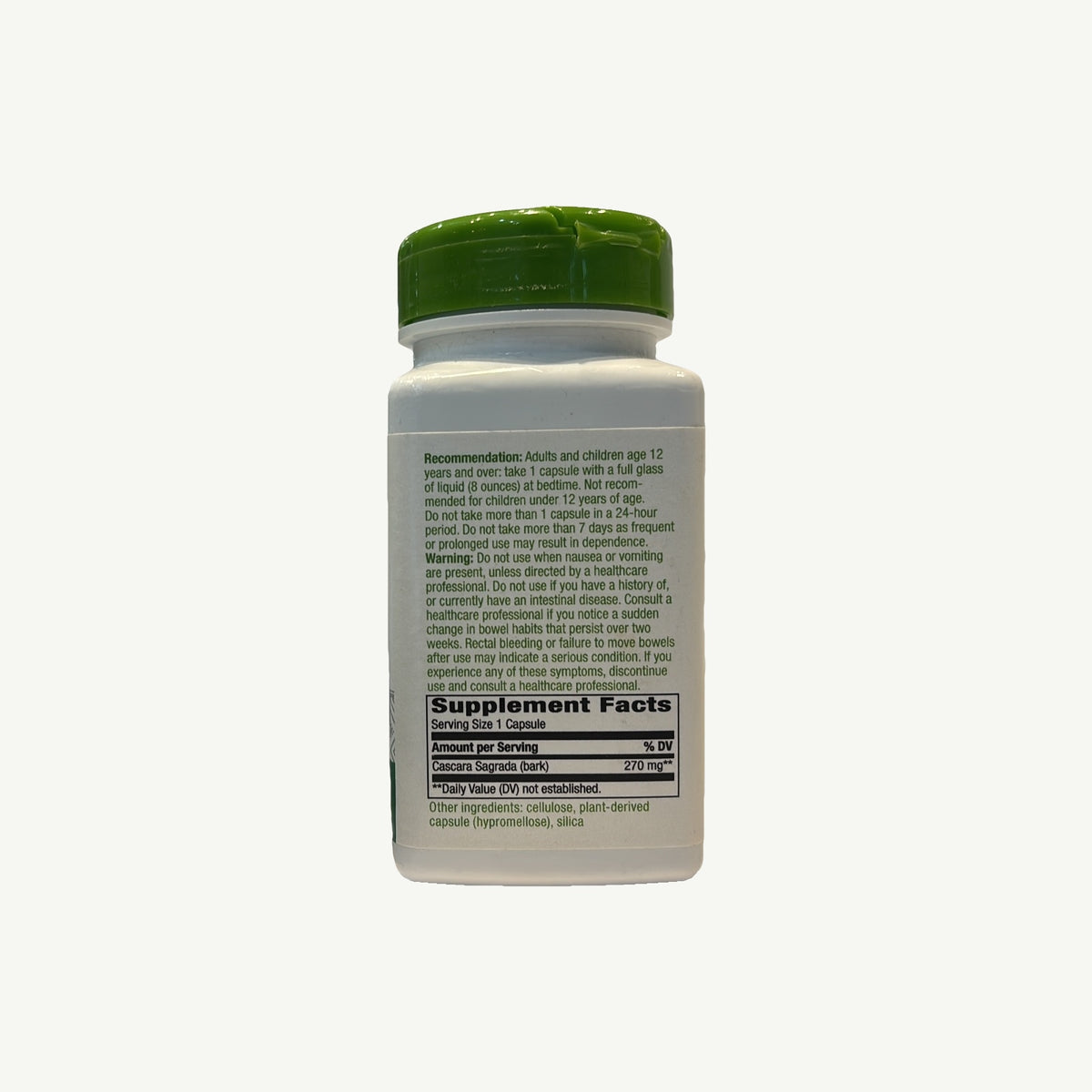 Panel real: recomendación, advertencia, 270 mg de corteza por cápsula, celulosa, hipromelosa y sílice.