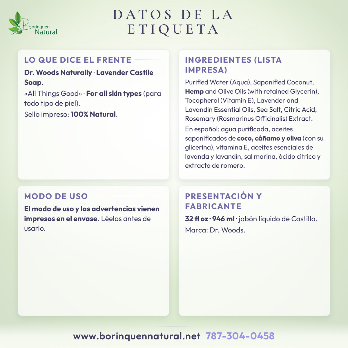 Datos de la etiqueta del jabón de Castilla de lavanda Dr. Woods: lo que dice el frente, ingredientes completos y presentación