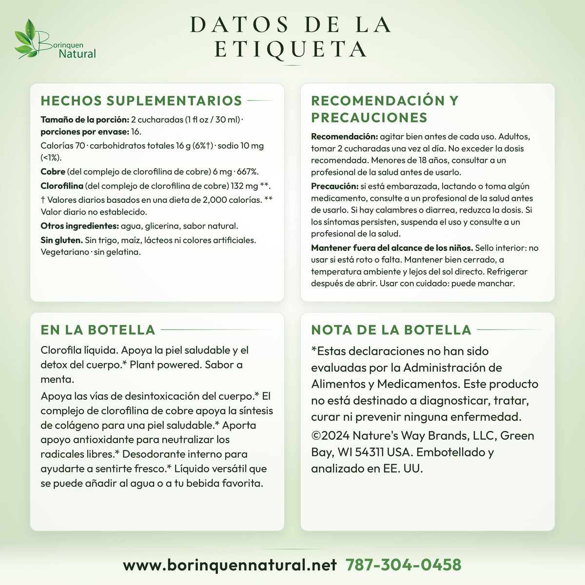 Datos de la etiqueta del Chlorofresh de Nature's Way: hechos suplementarios, otros ingredientes, recomendación, precauciones y lo que dice la botella