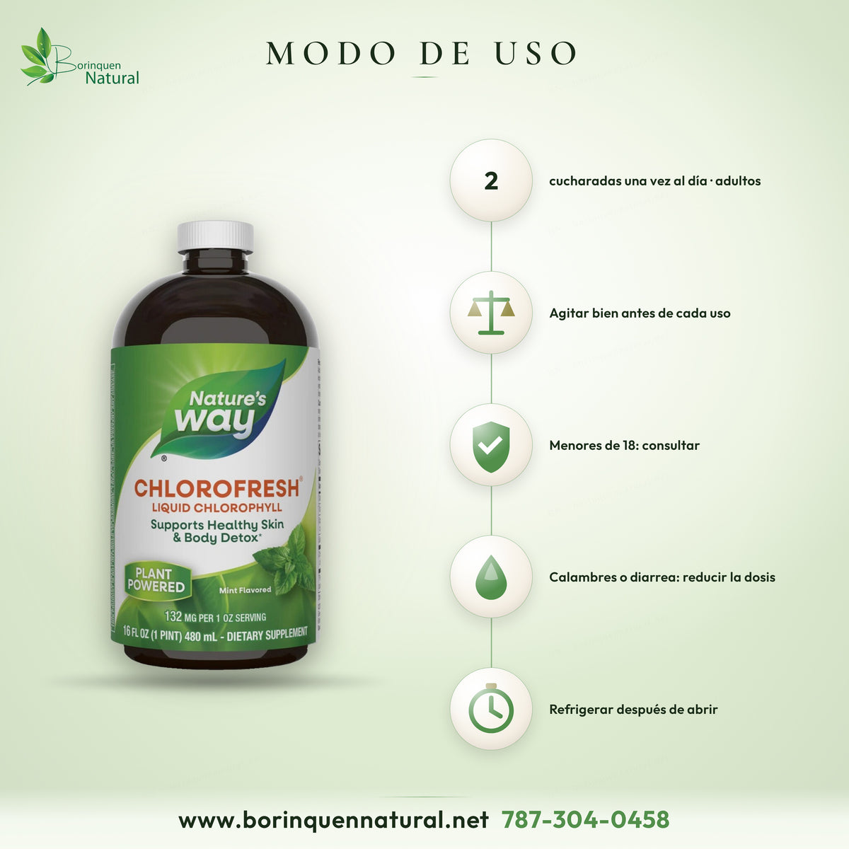 Modo de uso del Chlorofresh de Nature's Way: adultos, 2 cucharadas una vez al día; agitar bien antes de cada uso