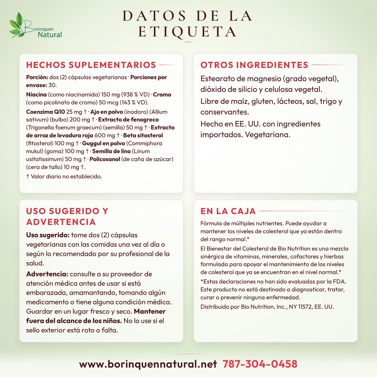 Datos de la etiqueta del Cholesterol Wellness de Bio Nutrition: hechos suplementarios, otros ingredientes, uso sugerido, advertencia y lo que dice la caja