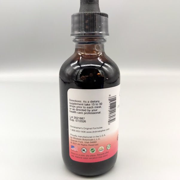Fórmula para Hígado y Vesícula Christopher's, Gotas sin Alcohol 2 oz de Christophers Origi — vista posterior del envase