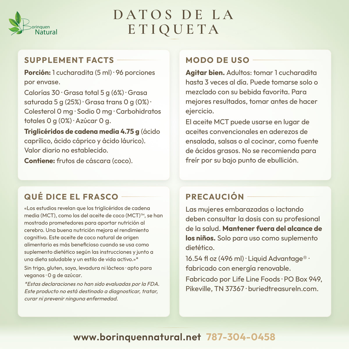 Datos de la etiqueta del aceite de coco MCT Buried Treasure: Supplement Facts, modo de uso, alérgenos y precauciones