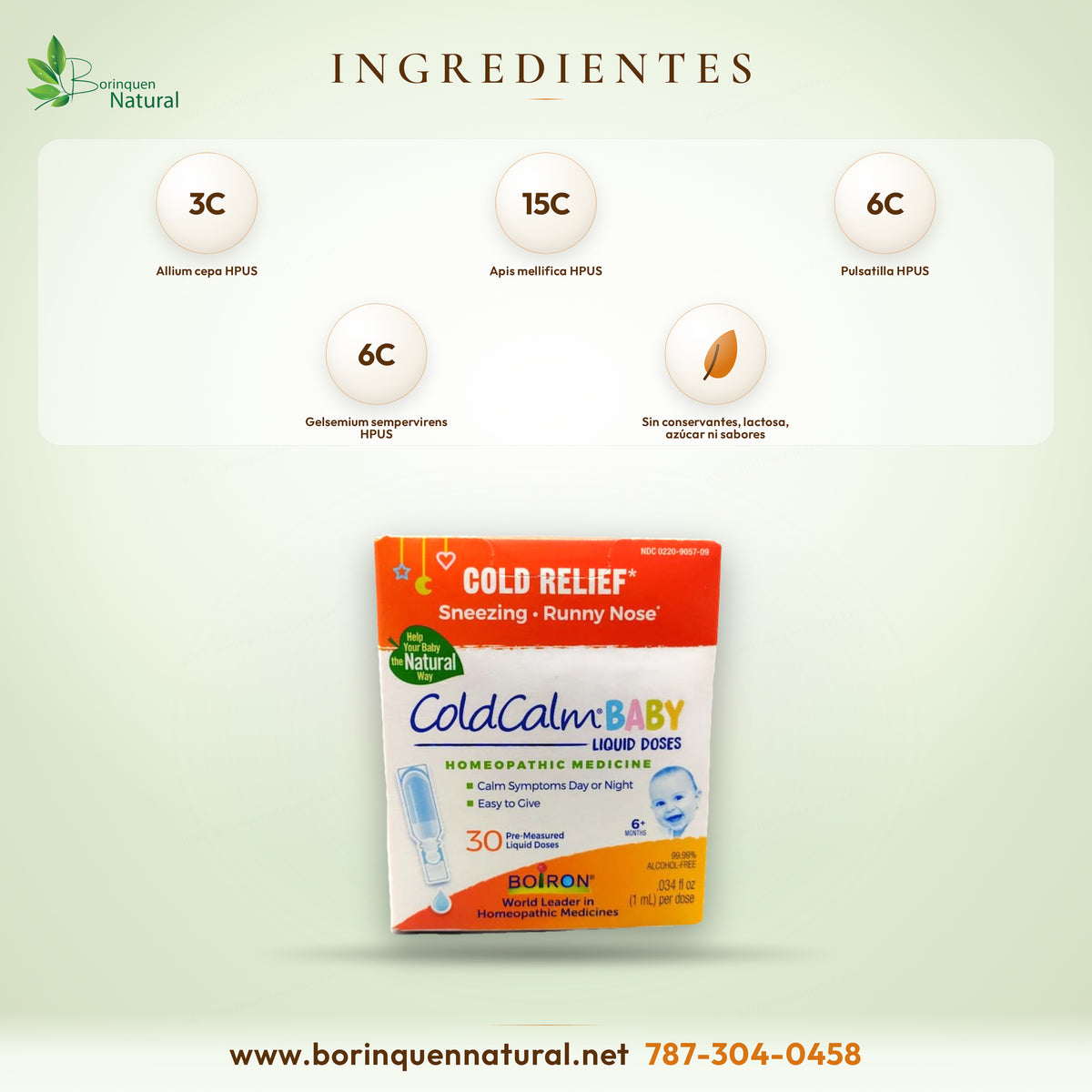 Ingredientes activos de ColdCalm Baby de Boiron: Allium cepa, Apis mellifica, Pulsatilla y 5 más, en agua purificada