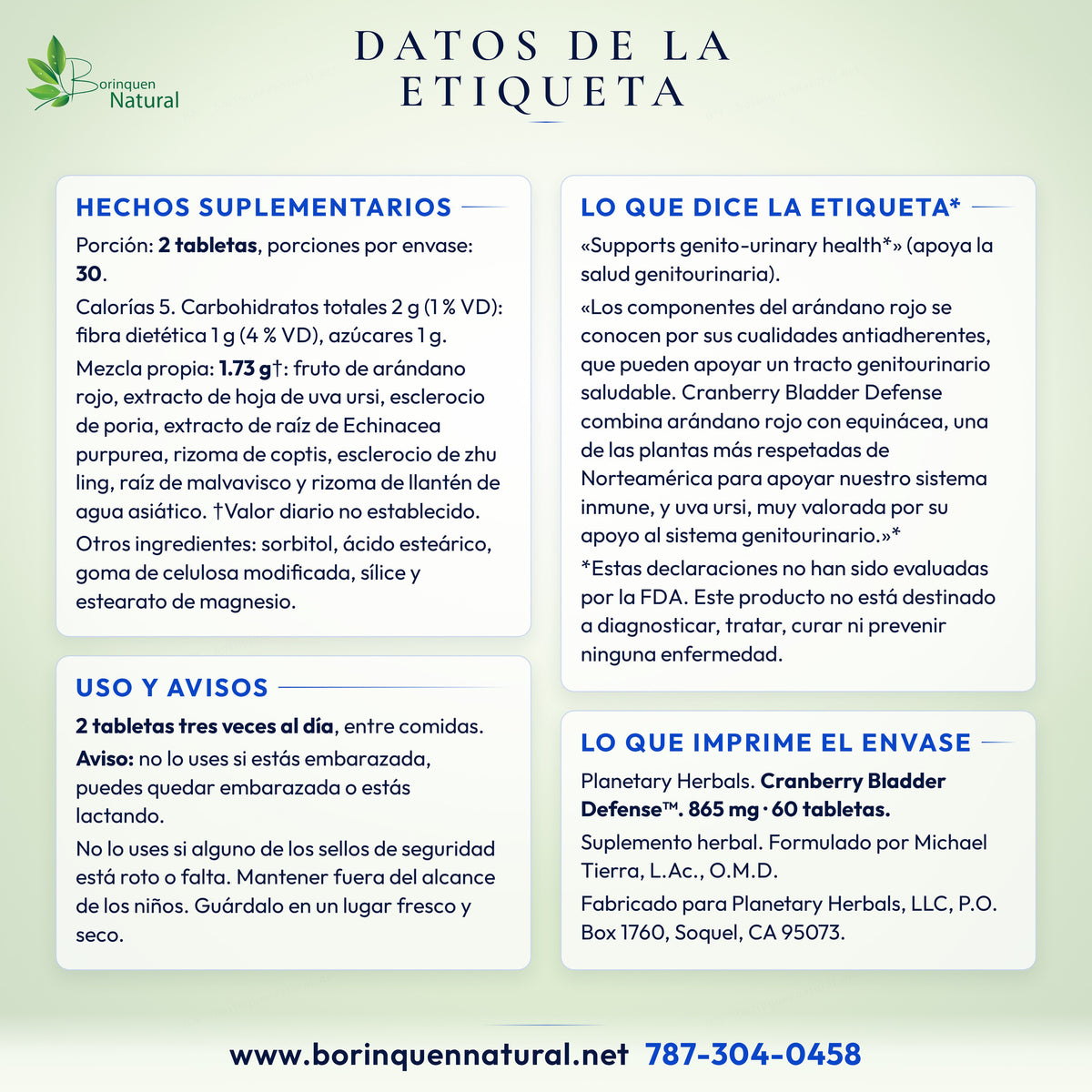 Datos de la etiqueta de Cranberry Bladder Defense: hechos suplementarios, frases de la marca, uso y avisos