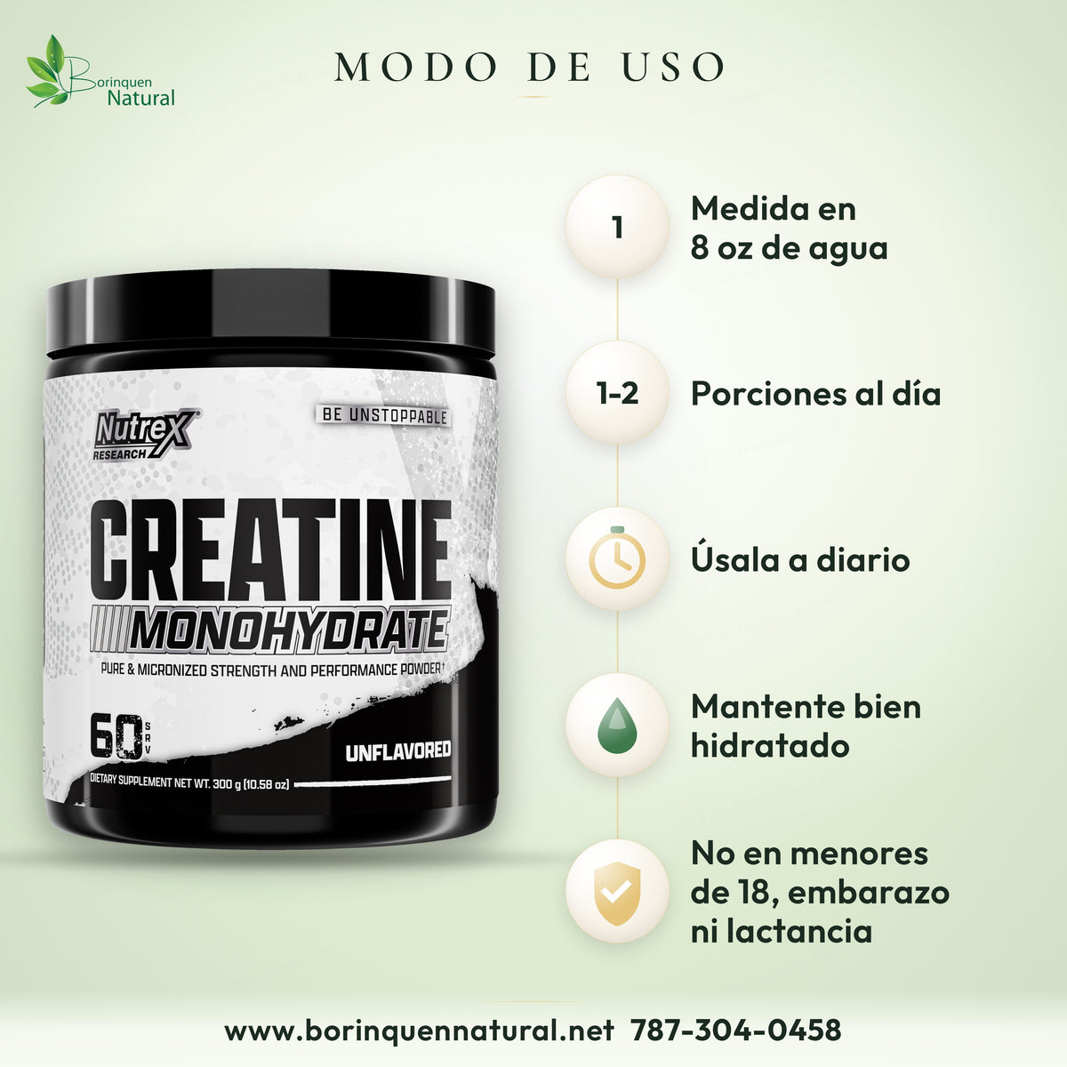 Modo de uso de la creatina Nutrex sin sabor: 1 medida en 8 oz de agua, 1 a 2 porciones al día