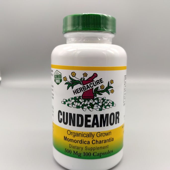 Frente del frasco de Cundeamor Herbacure: Organically Grown, Momordica Charantia, 500 mg, 100 cápsulas, GMO Free