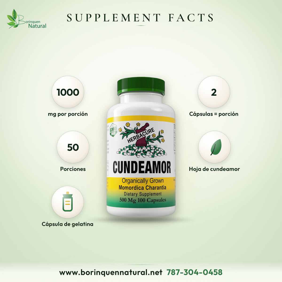 Supplement Facts del cundeamor Herbacure: 1000 mg por porción de 2 cápsulas, 50 porciones, hoja y cápsula de gelatina