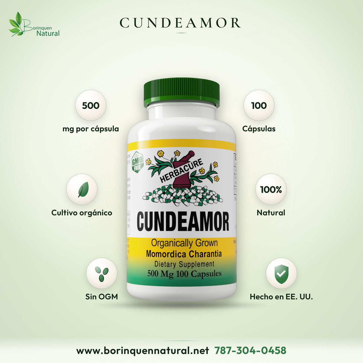 Cundeamor Herbacure: 500 mg por cápsula, 100 cápsulas, cultivo orgánico, 100 % natural, sin OGM y hecho en EE. UU.
