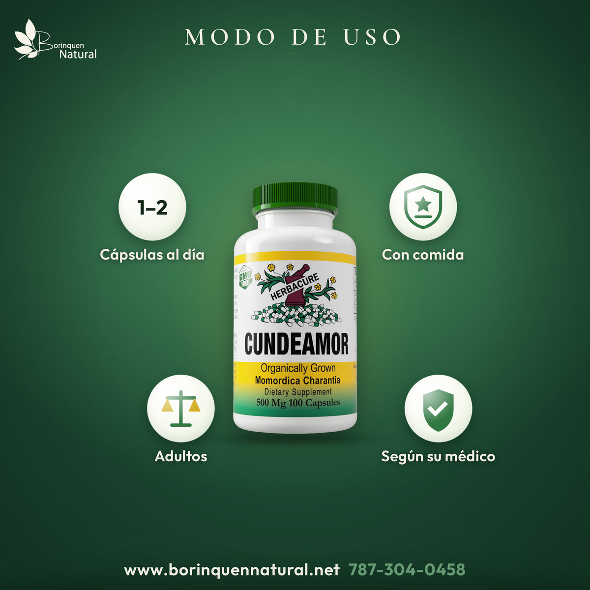 Modo de uso del cundeamor Herbacure: adultos, 1 a 2 cápsulas al día, con comida o según su médico