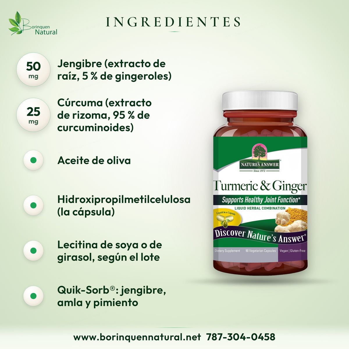 Ingredientes de Turmeric & Ginger de Nature's Answer: extracto de jengibre 50 mg, extracto de cúrcuma 25 mg y otros