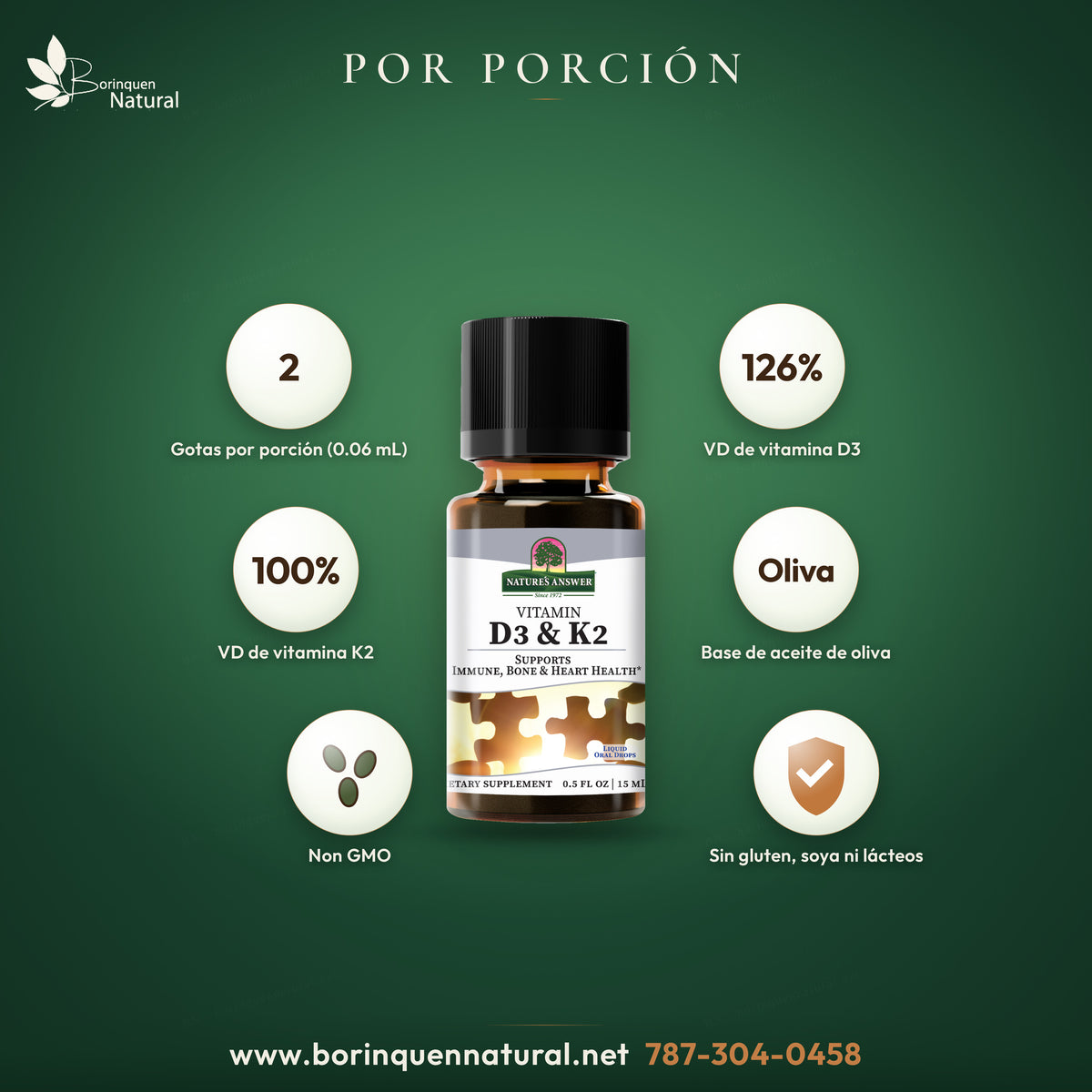 Supplement Facts de D3 y K2 de Nature's Answer por 2 gotas: 126 % VD de vitamina D3 y 100 % VD de vitamina K2