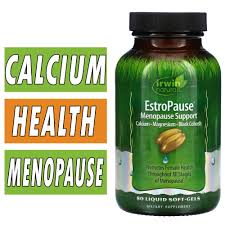 EstroPause Irwin Naturals Menopause Support 80 liquid soft-gels, calcio magnesio black cohosh — etiqueta con los ingredientes (foto de archivo)