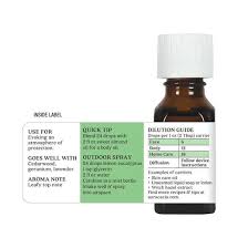 Eucalipto limón Aura Cacia — etiqueta interior con usos, guía de dilución y spray para exteriores