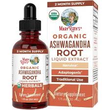 Ashwagandha líquida orgánica MaryRuth's, frasco de 1 oz con gotero y su caja