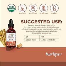Modo de uso de la Ashwagandha MaryRuth's: 0.5 mL de 1 a 3 veces al día, desde 14 años
