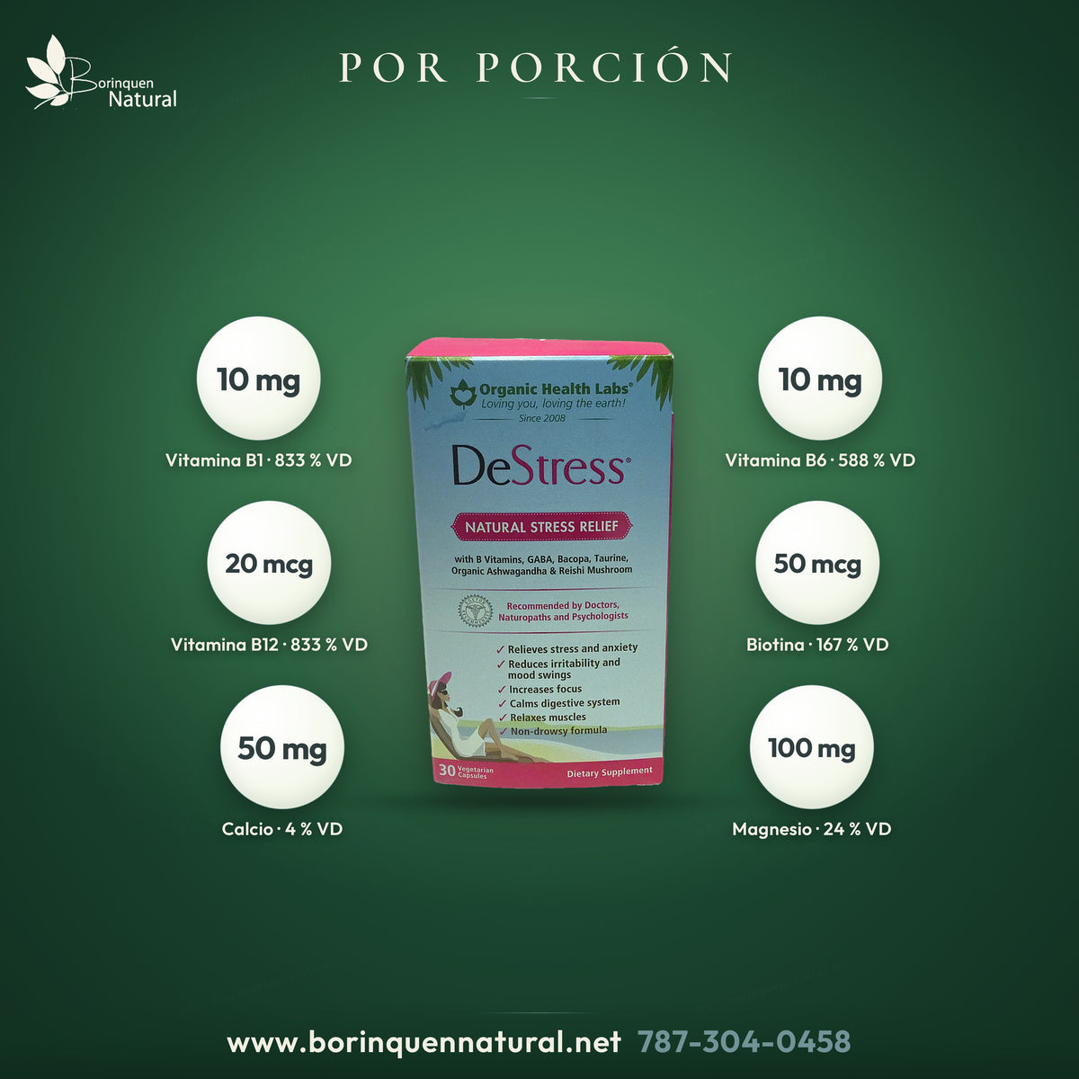 Supplement Facts de DeStress por porción de 2 cápsulas: tiamina, vitamina B6, vitamina B12, biotina, calcio y magnesio