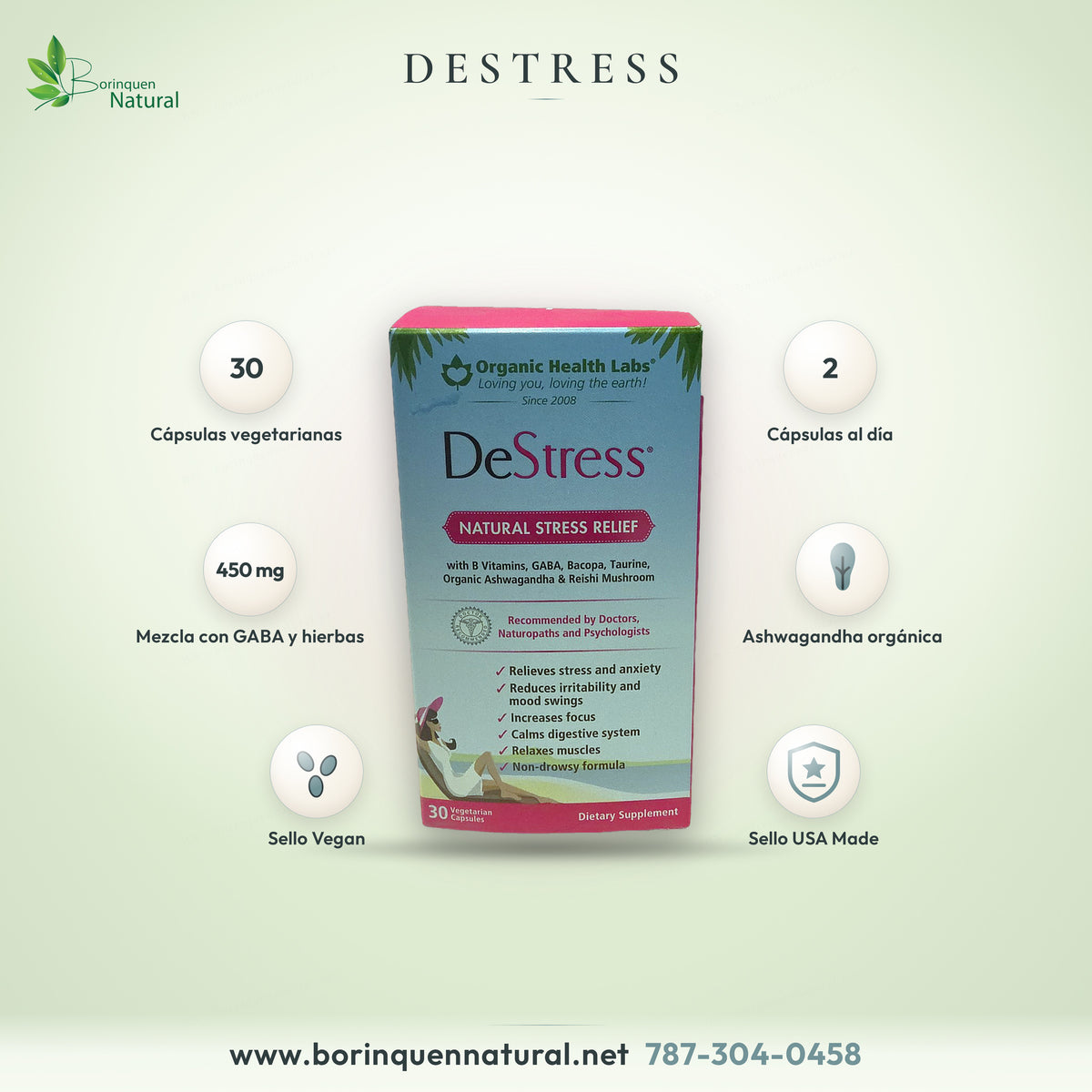 DeStress Natural Stress Relief de Organic Health Labs, con vitaminas B, GABA, bacopa, taurina, ashwagandha orgánica y reishi, 30 cápsulas vegetarianas