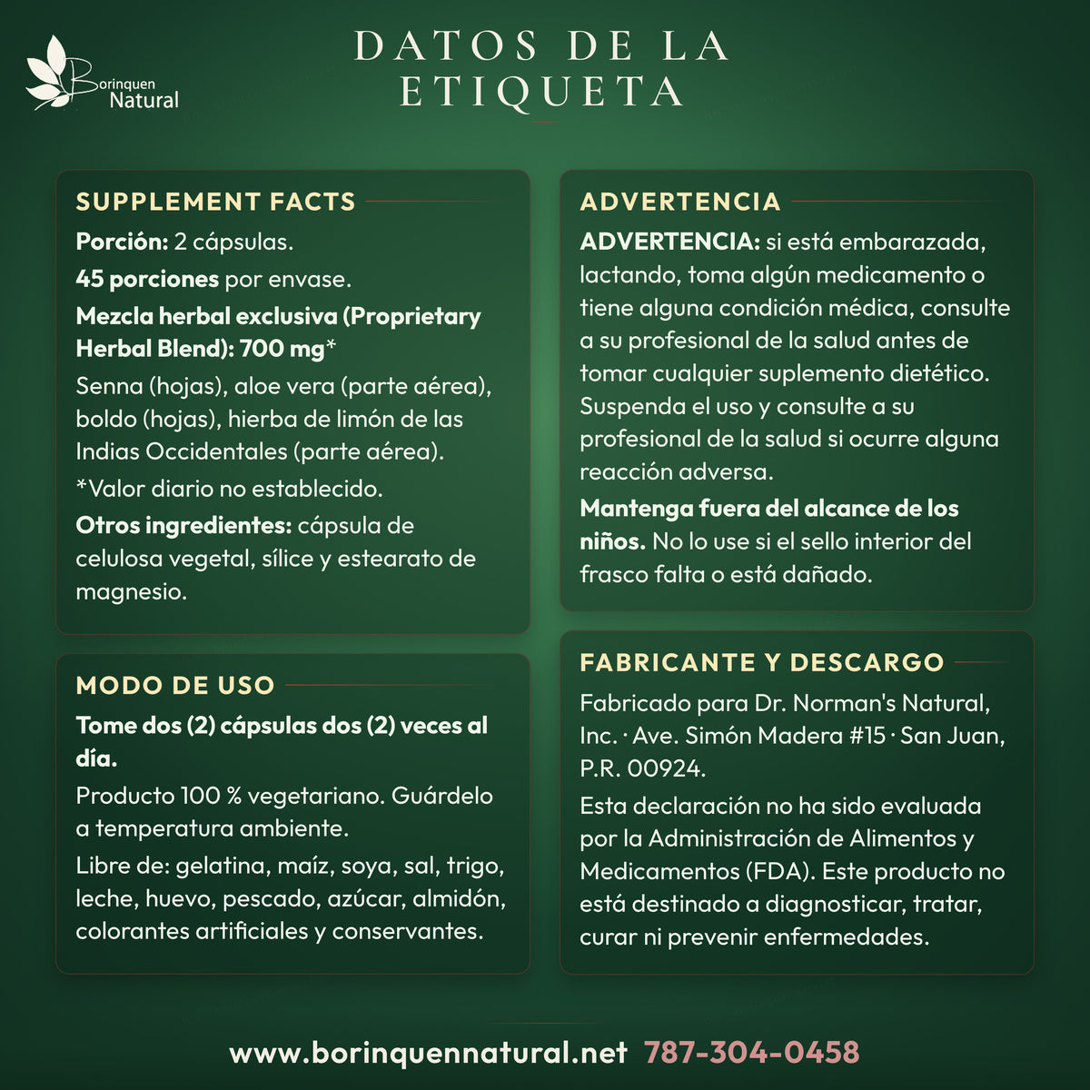 Datos de la etiqueta de Detoxiplex: Supplement Facts, advertencia, modo de uso y fabricante