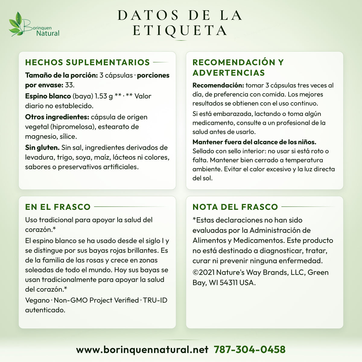 Datos de la etiqueta del Hawthorn de Nature's Way: hechos suplementarios, recomendación, advertencias y lo que dice el frasco