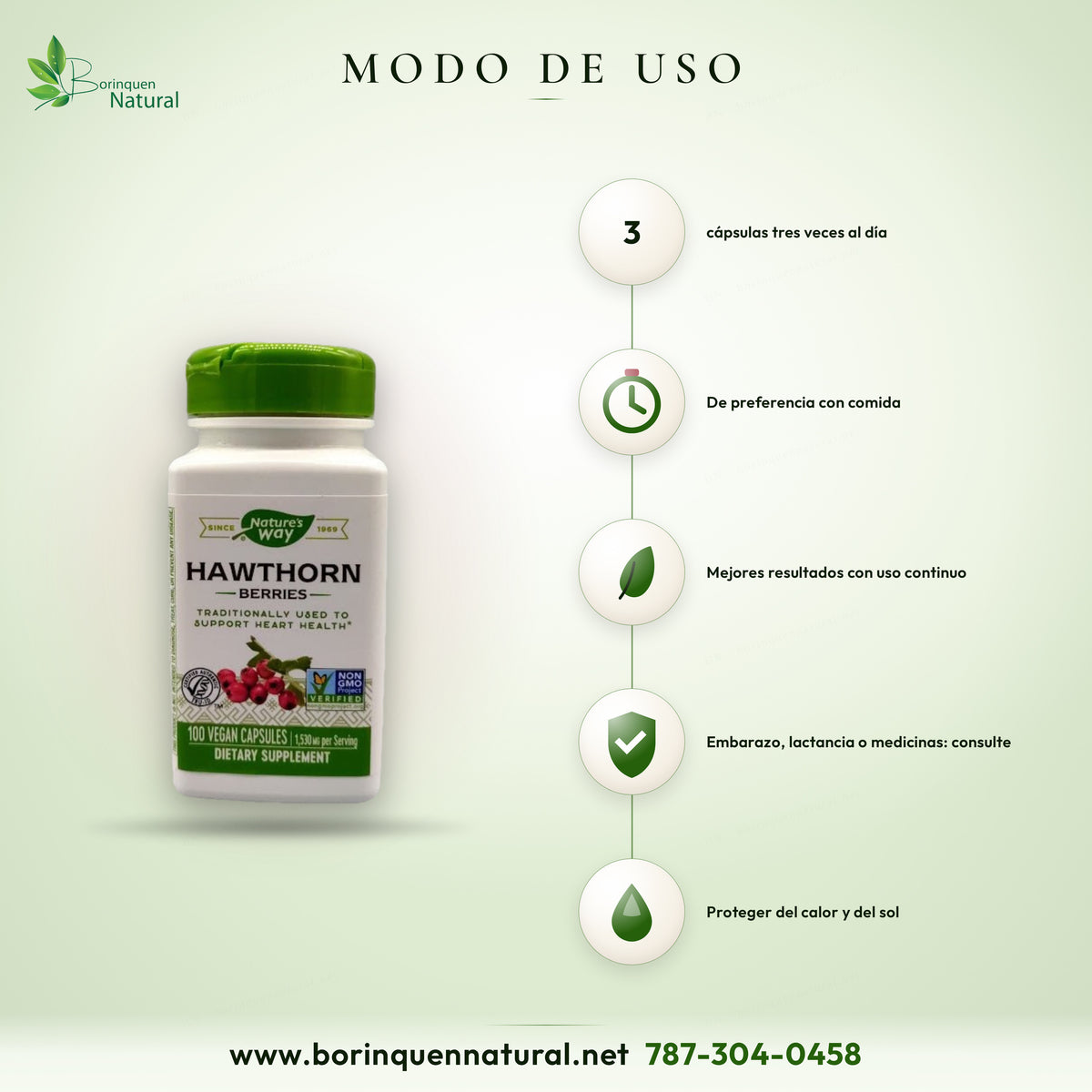 Modo de uso del Hawthorn de Nature's Way: 3 cápsulas tres veces al día, de preferencia con comida