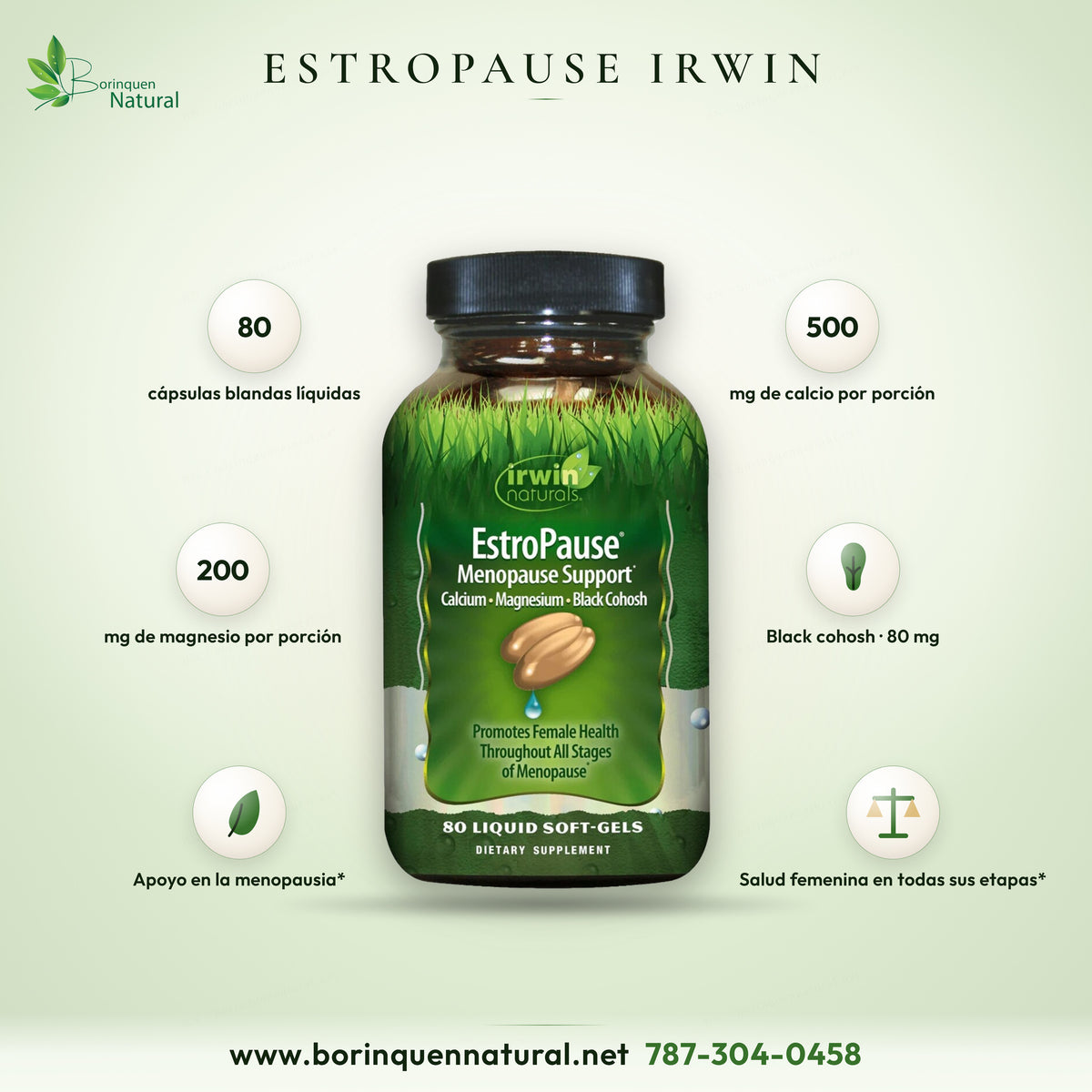 EstroPause Menopause Support de Irwin Naturals con calcio, magnesio y black cohosh, 80 cápsulas blandas líquidas