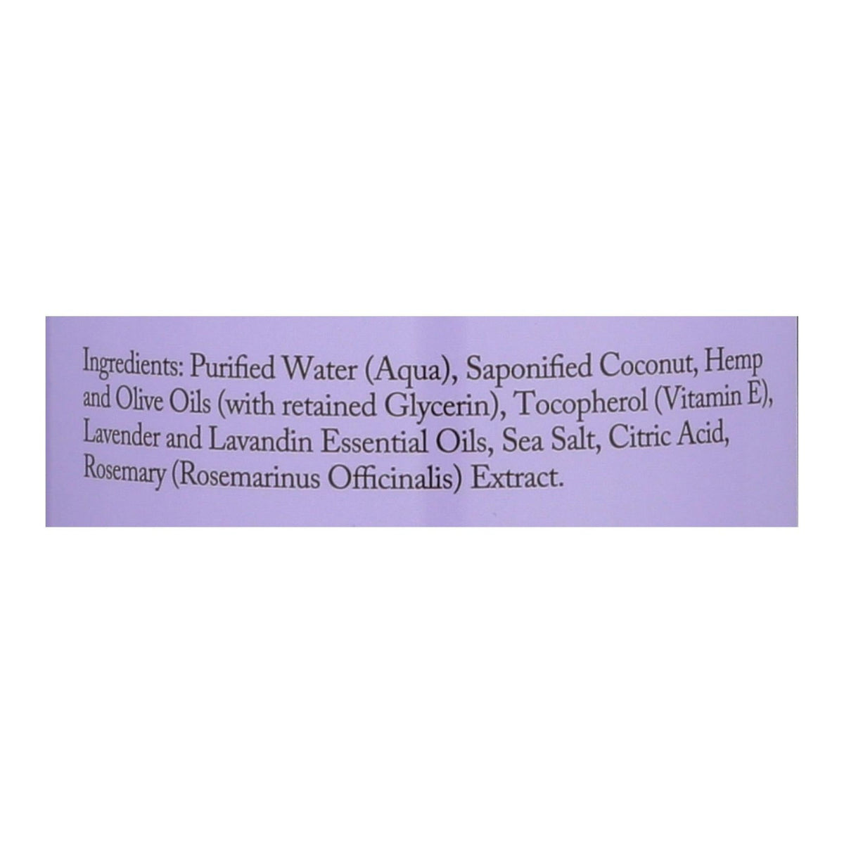 Jabón de Castilla de lavanda Dr. Woods 32 oz: lista de ingredientes impresa en el envase