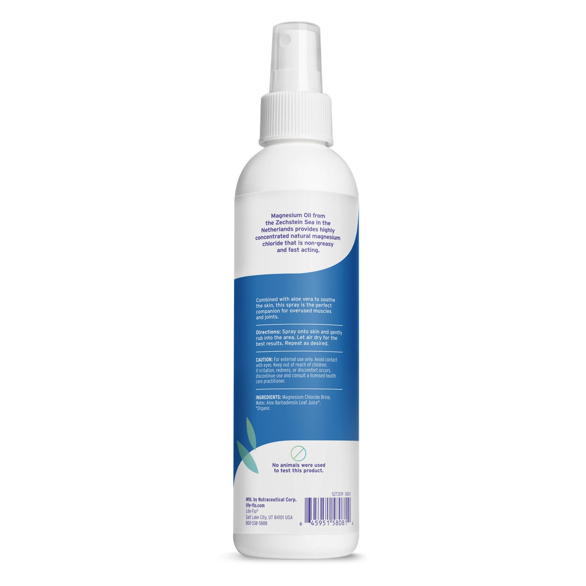 Magnesium Oil Spray with Aloe Vera de Life-flo: etiqueta del envase, dorso con modo de uso, advertencias e ingredientes