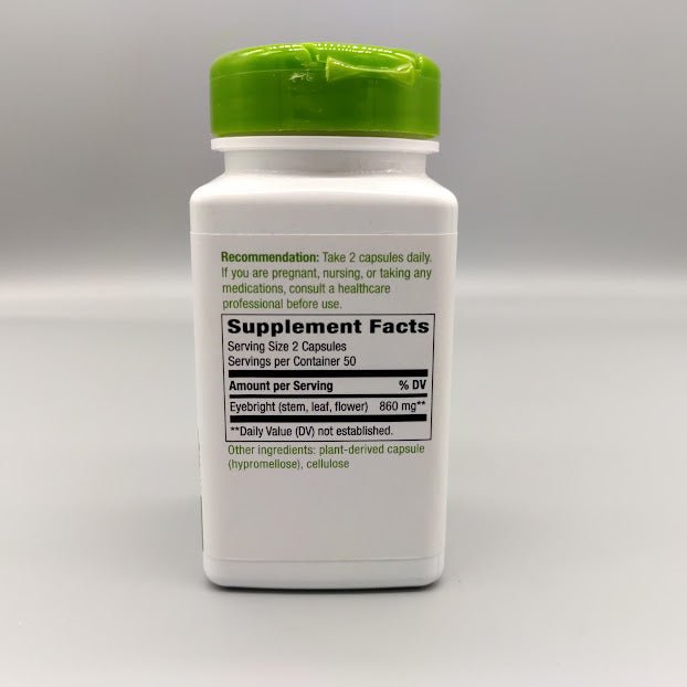 Eyebright Herb Nature's Way 280 mg, frasco de 100 cápsulas vegetarianas — etiqueta con los ingredientes (foto de archivo)