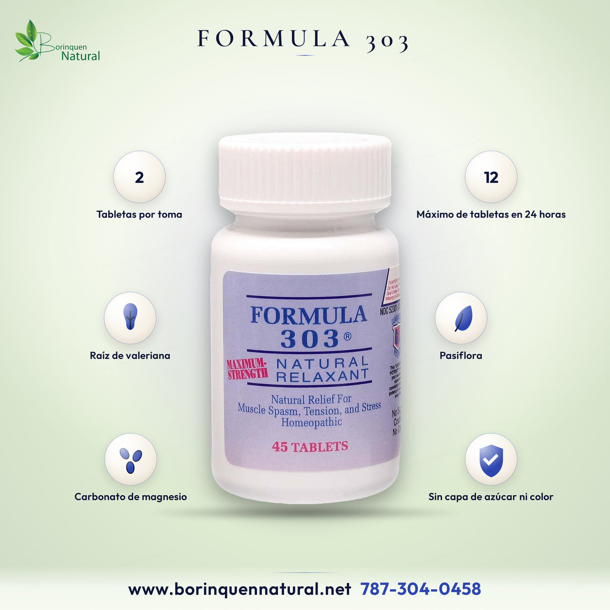 Formula 303 Maximum-Strength Natural Relaxant de Dee Cee Laboratories, homeopático con raíz de valeriana, pasiflora y carbonato de magnesio