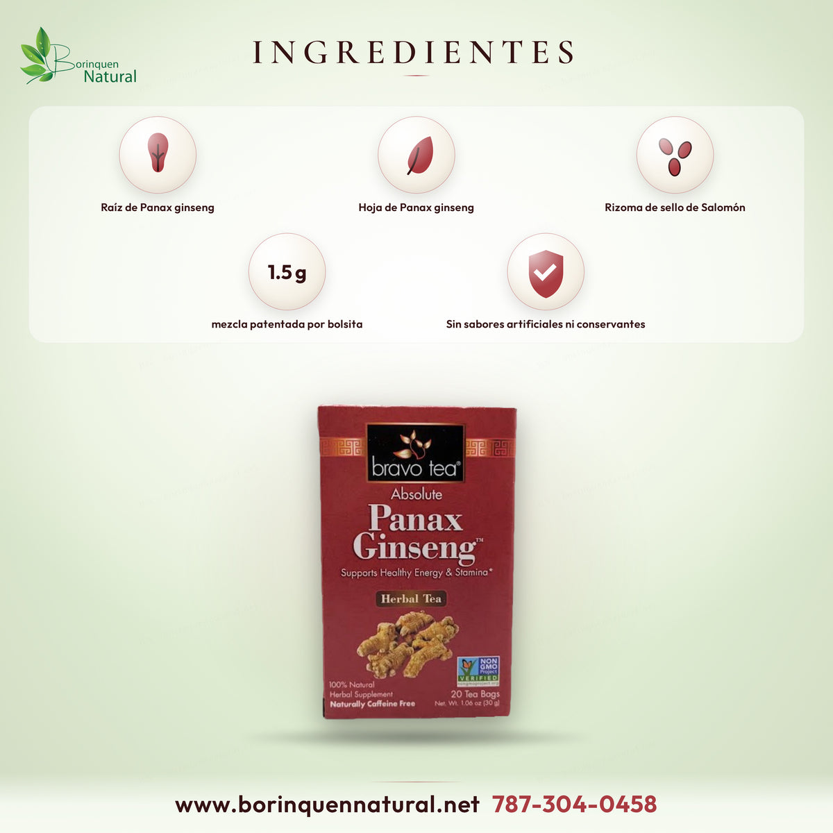Ingredientes del té de ginseng Bravo Tea: mezcla de 1.5 g de hoja y raíz de Panax ginseng y rizoma de sello de Salomón