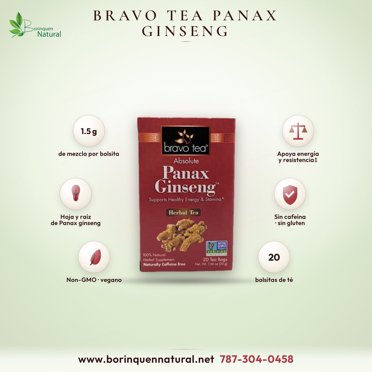 Té de hierbas Absolute Panax Ginseng de Bravo Tea, sin cafeína, caja de 20 bolsitas