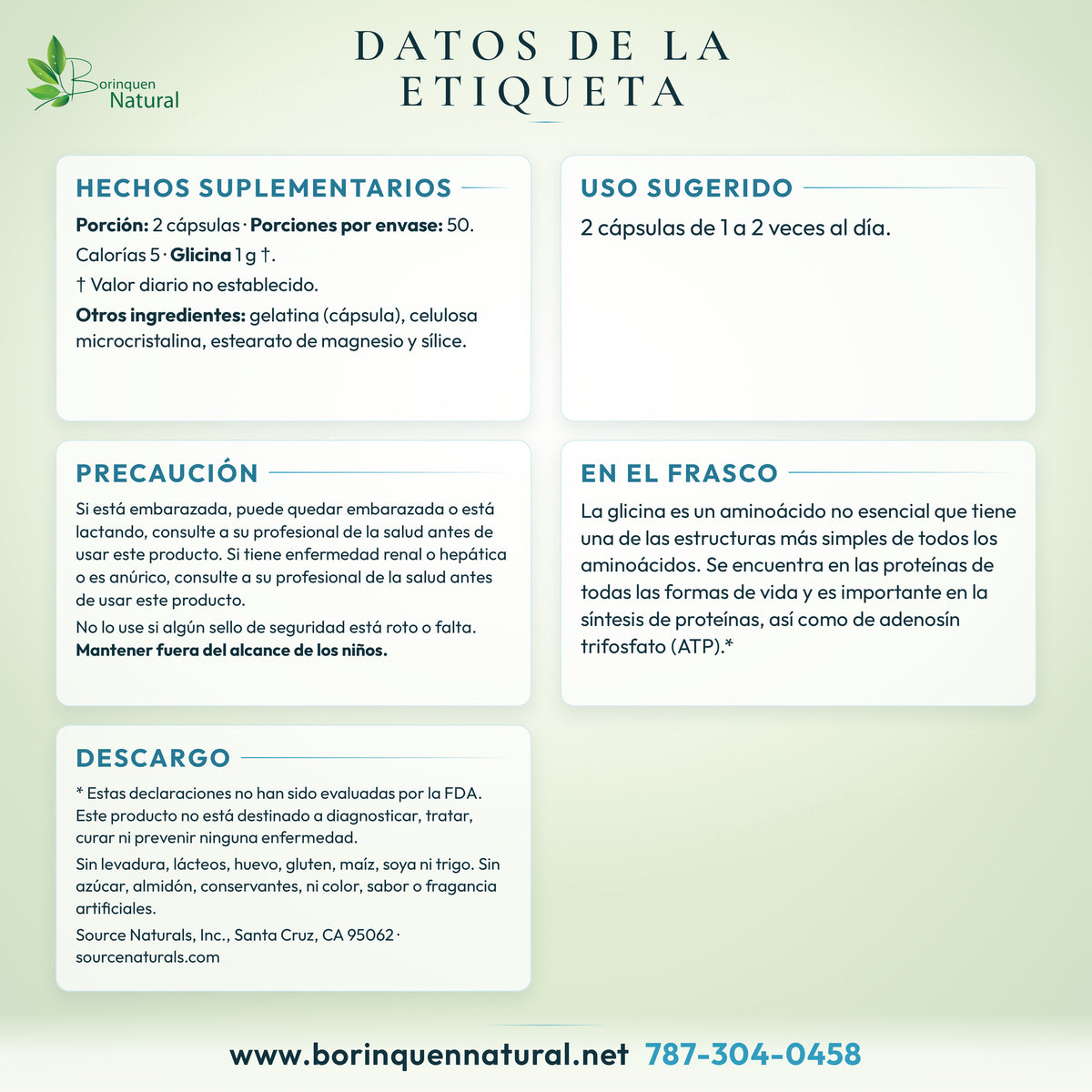 Datos de la etiqueta de la glicina de Source Naturals: hechos suplementarios, uso, avisos y lo que dice el frasco